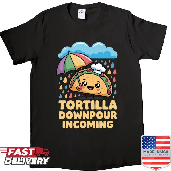 Happy taco graphic in a tortilla downpour on a shirt
