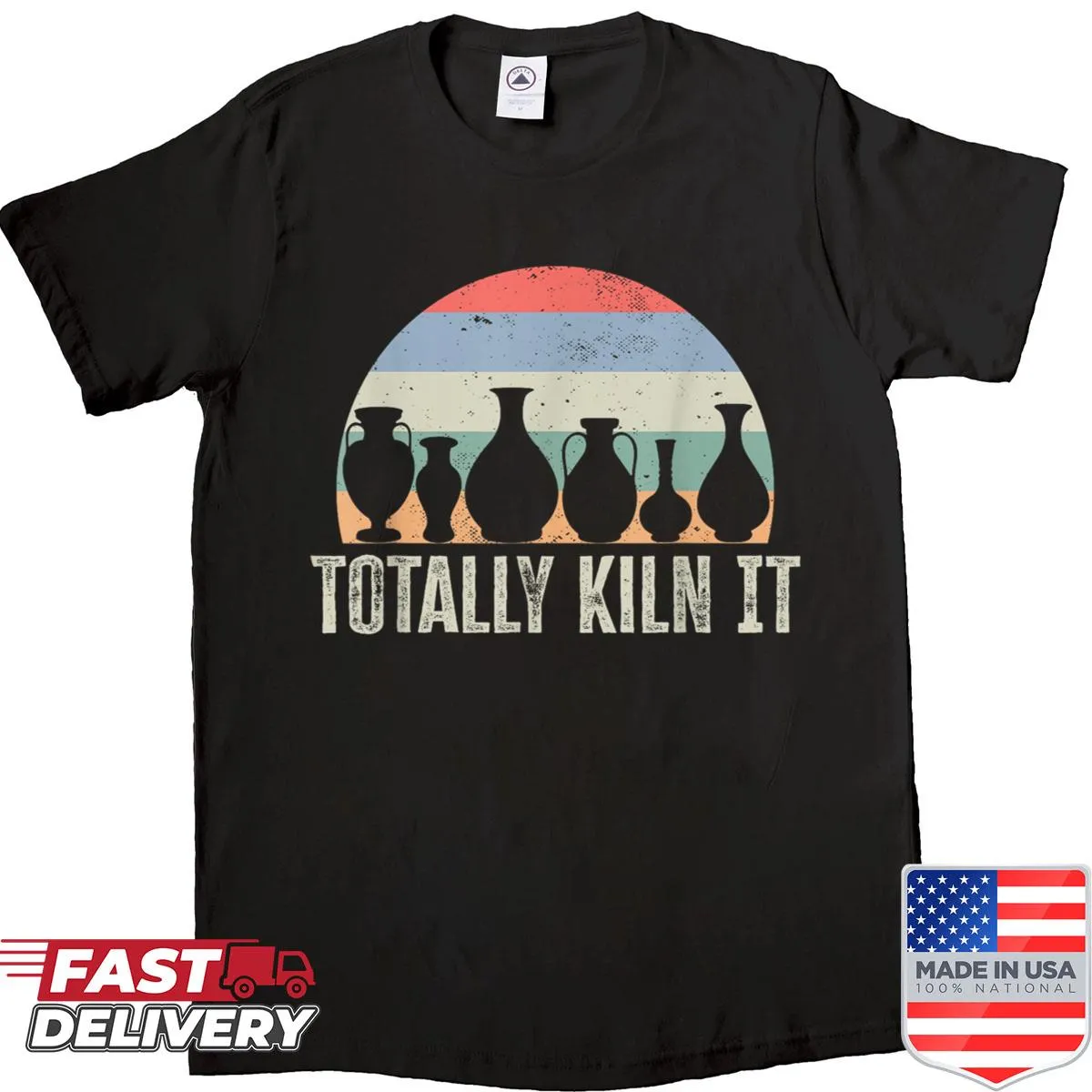 Pottery-themed shirt with 'Totally Kiln It' line-art design