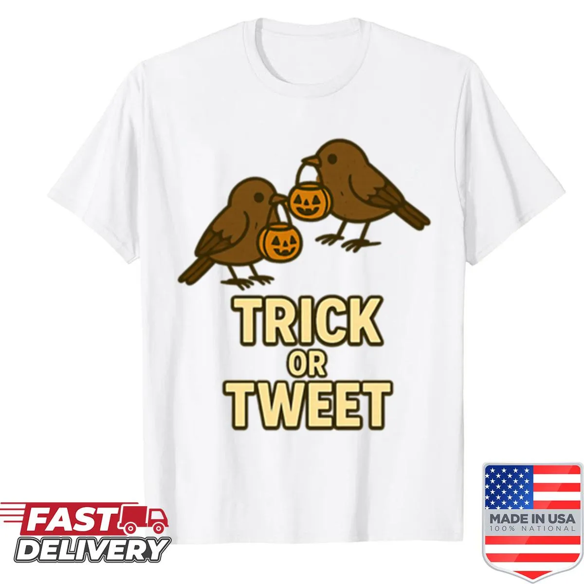 Halloween shirt with birds and candy buckets design
