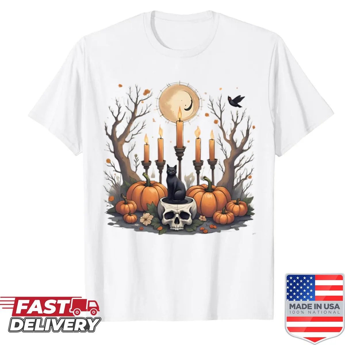Illustration of a black cat among pumpkins and candlelight
