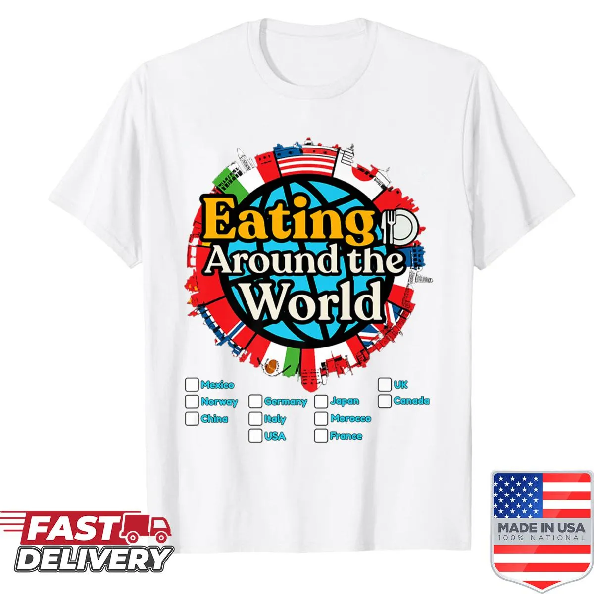 Illustration of various international dishes on a shirt