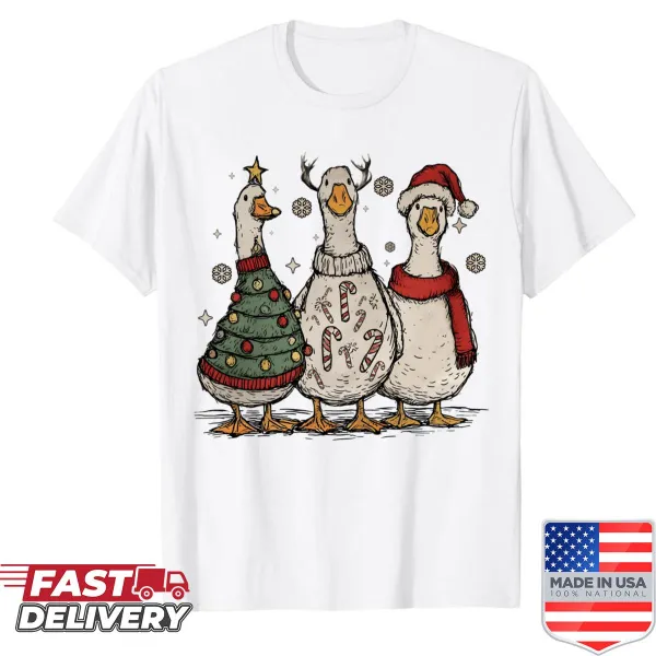 Vintage Christmas shirt with Santa and reindeer in silly goose design