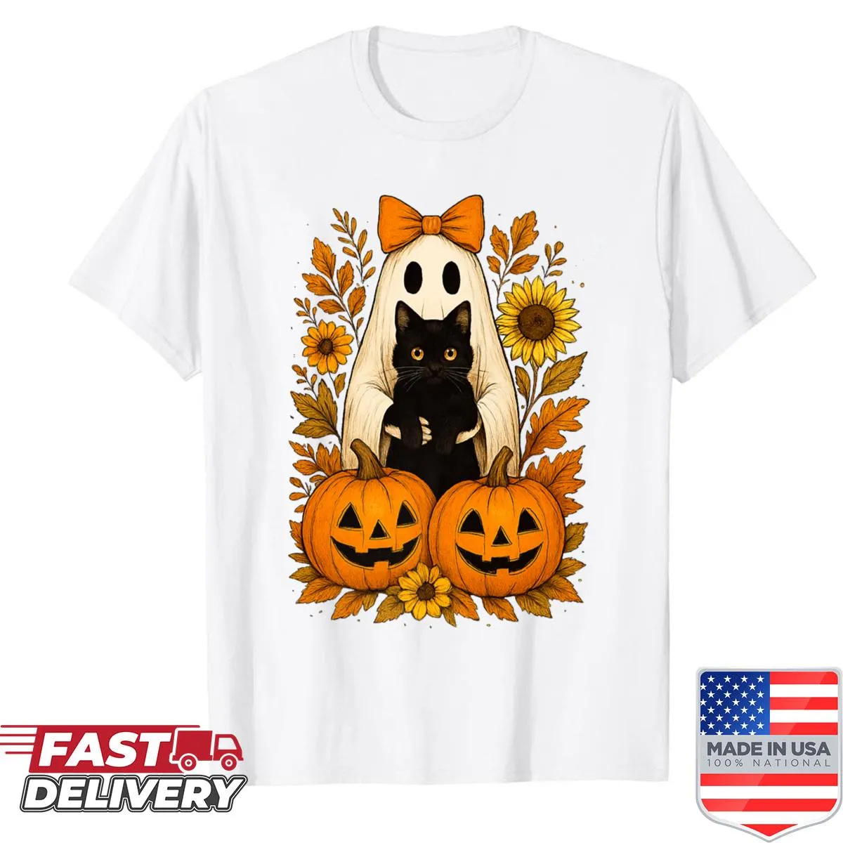 Cute Halloween shirt with ghost, black cat, and autumn florals