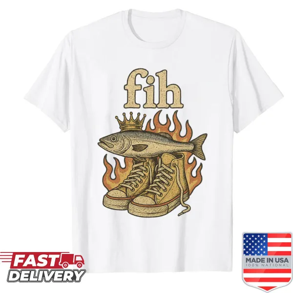 Crowned fish wearing sneakers on a vintage distressed shirt