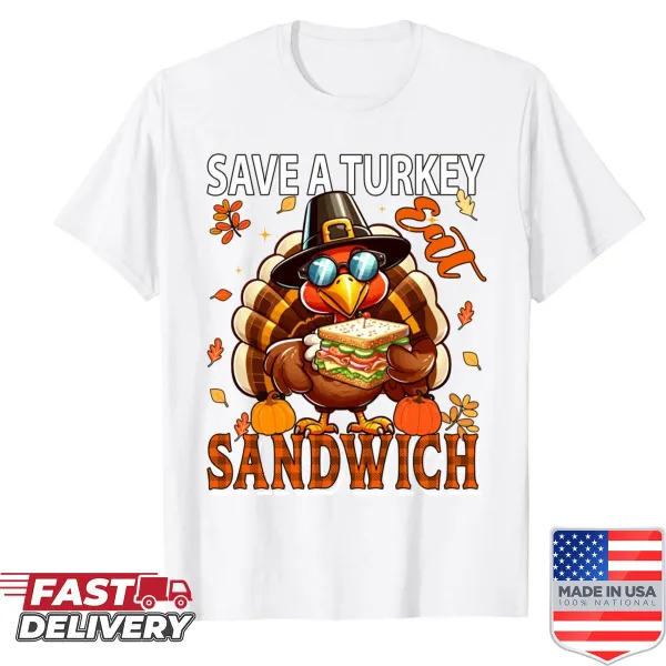Vintage-style shirt with Eat Sandwich Save Turkey graphic