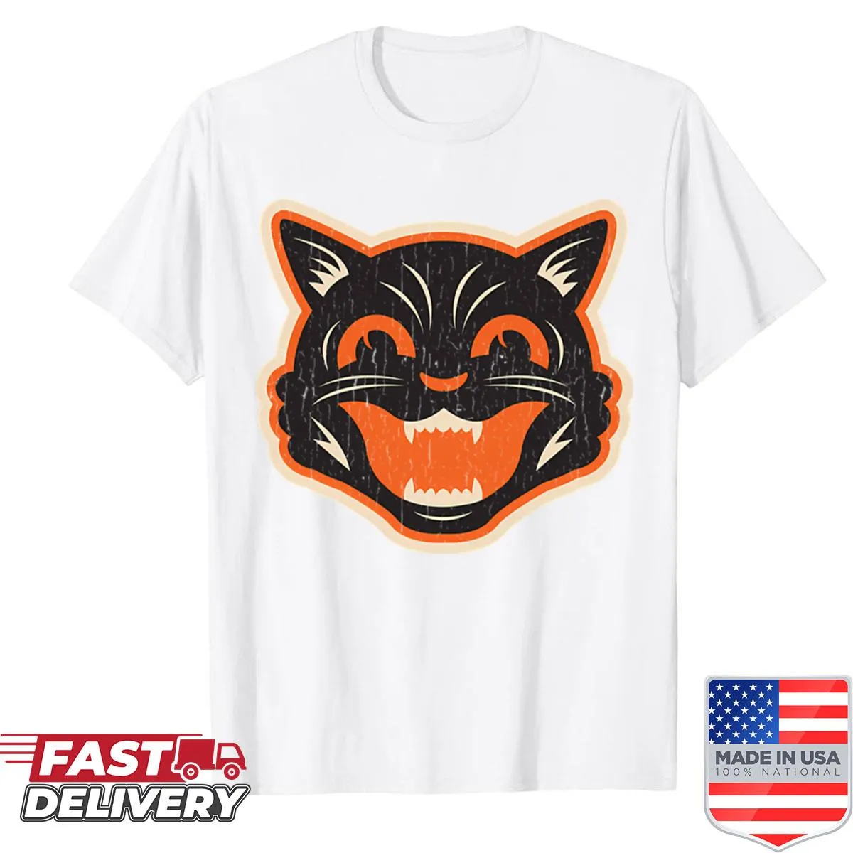 Vintage distressed Halloween shirt with a black cat design