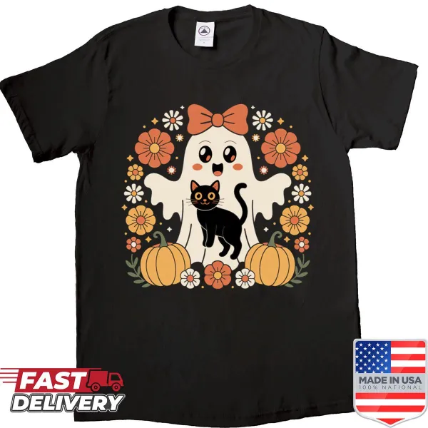 Vintage Halloween shirt featuring a ghost with a black cat and floral design
