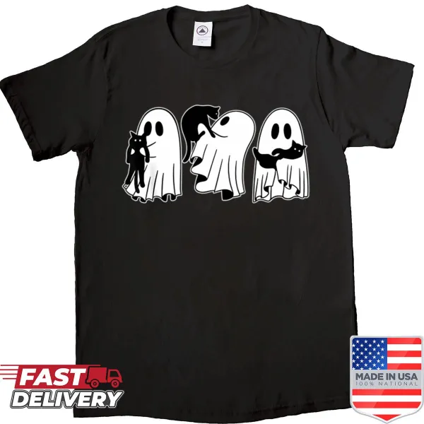 Vintage-style ghost with black cats graphic on a shirt