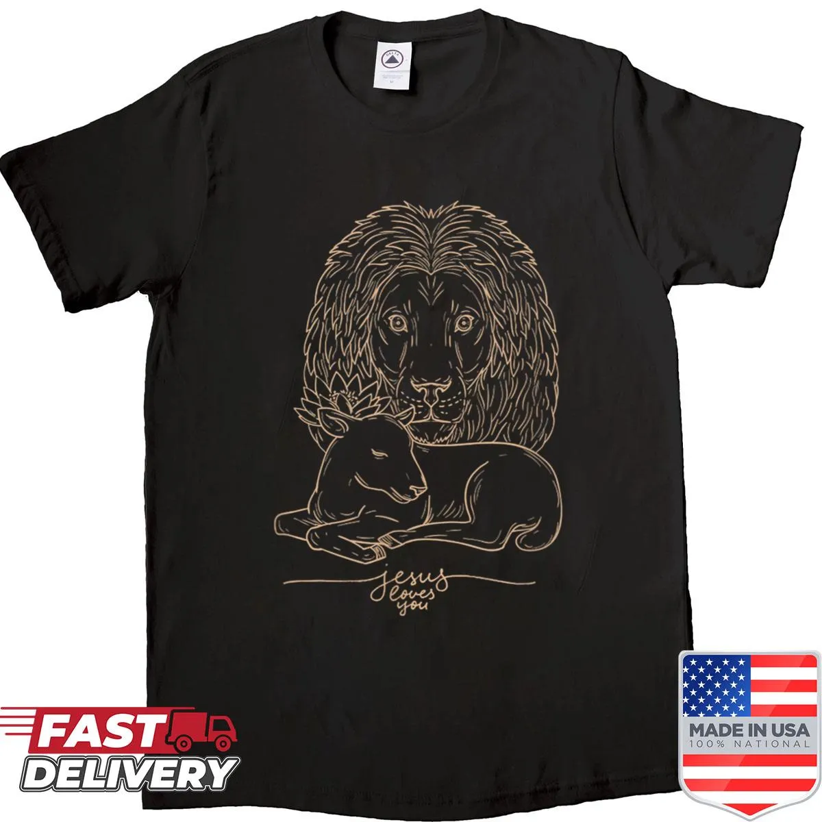 Vintage T-shirt with the illustration of Jesus, a lion, and a lamb