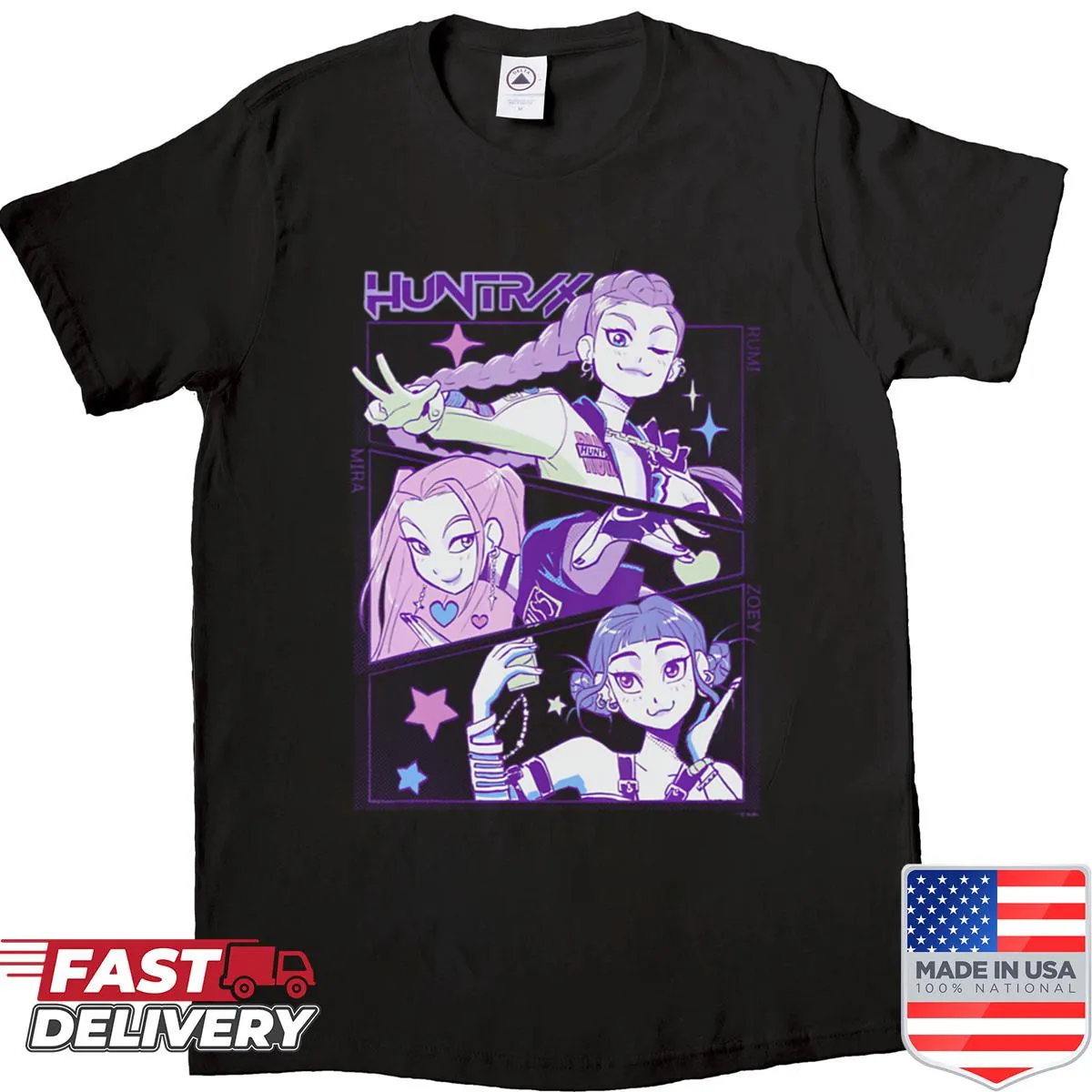 Oversized shirt with playful Kpop demon hunters illustration