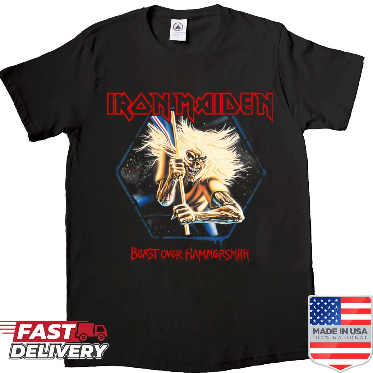 Vintage concert band tour shirt with heavy metal theme