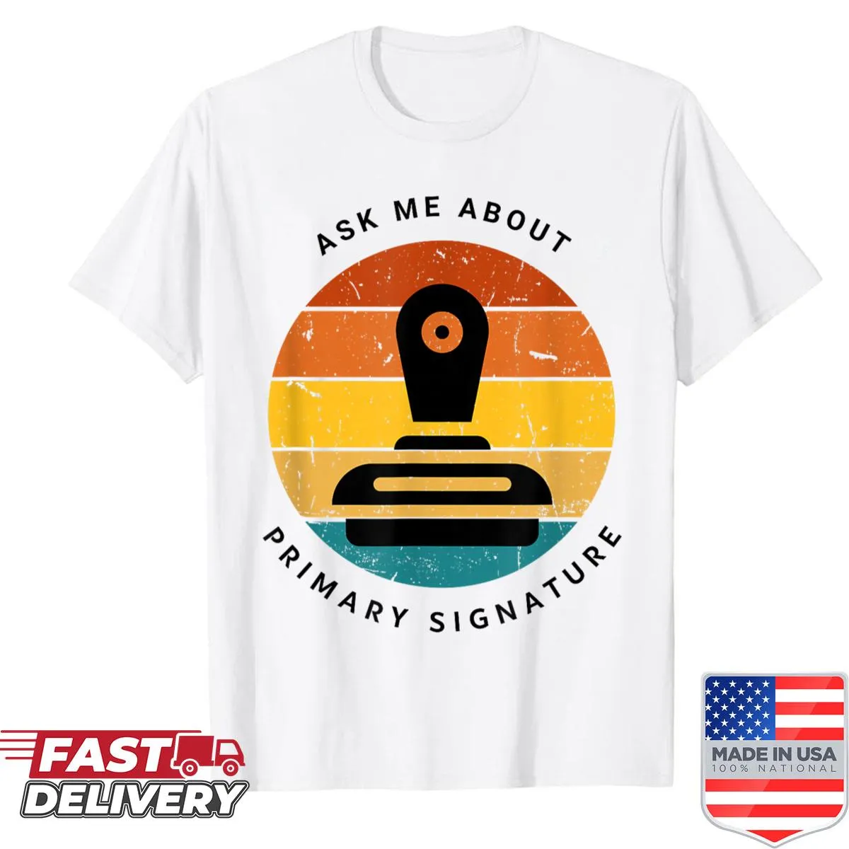 Vintage-style shirt with a classic notary seal graphic