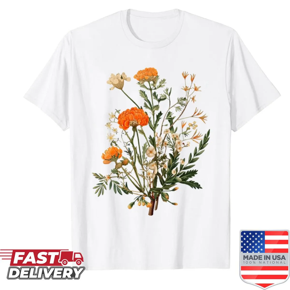 Vintage shirt featuring illustrated orange wildflowers