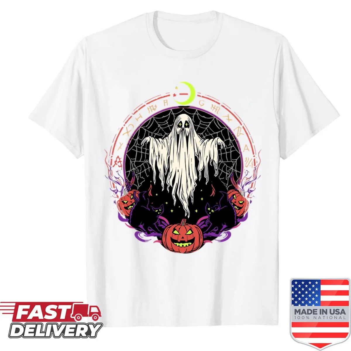 Halloween shirt with glowing ghost, black cats, and pumpkins