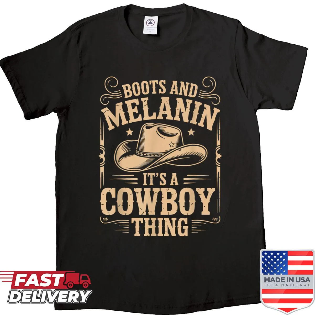 Stylish shirt featuring black cowboy boots and cultural representation