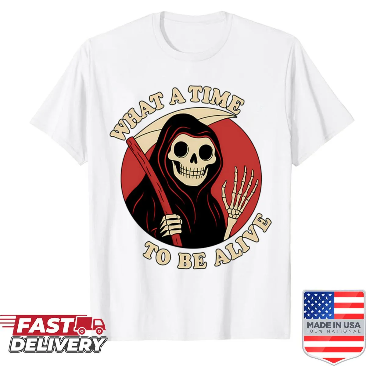 Vintage-style shirt featuring a grim reaper and inspirational text