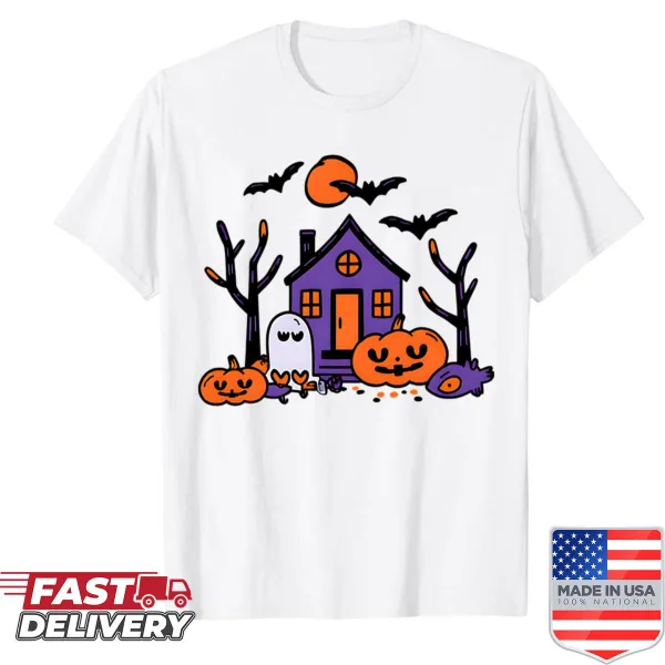 Hand-drawn whimsical Halloween scene on a T-shirt.