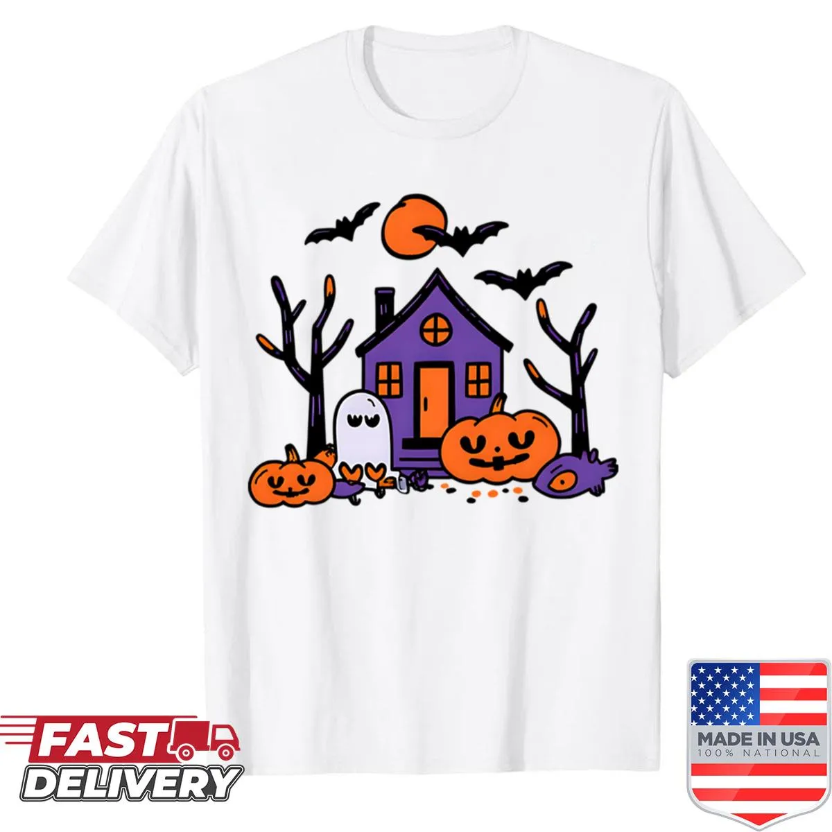 Hand-drawn whimsical Halloween scene on a T-shirt.