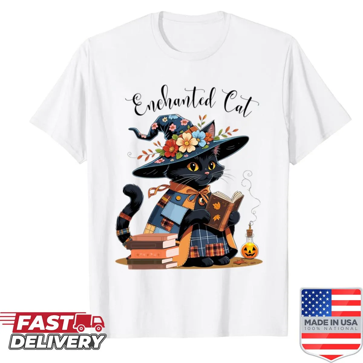 Whimsical cat in witch attire with a spellbook on a t-shirt