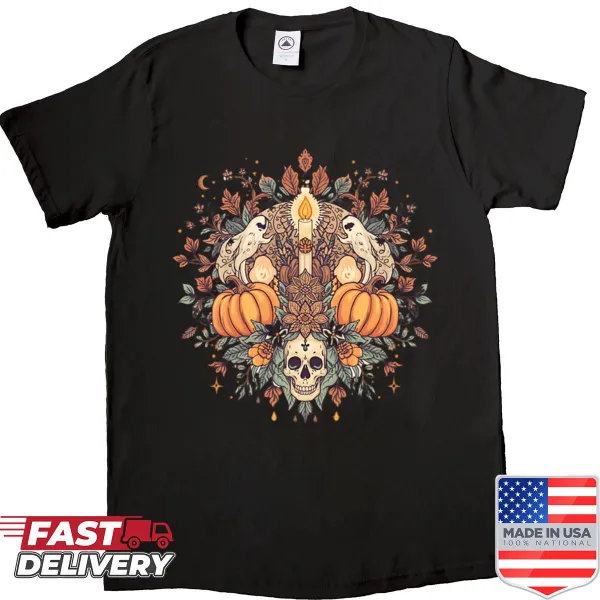Autumn-themed shirt with leaves and pumpkins design