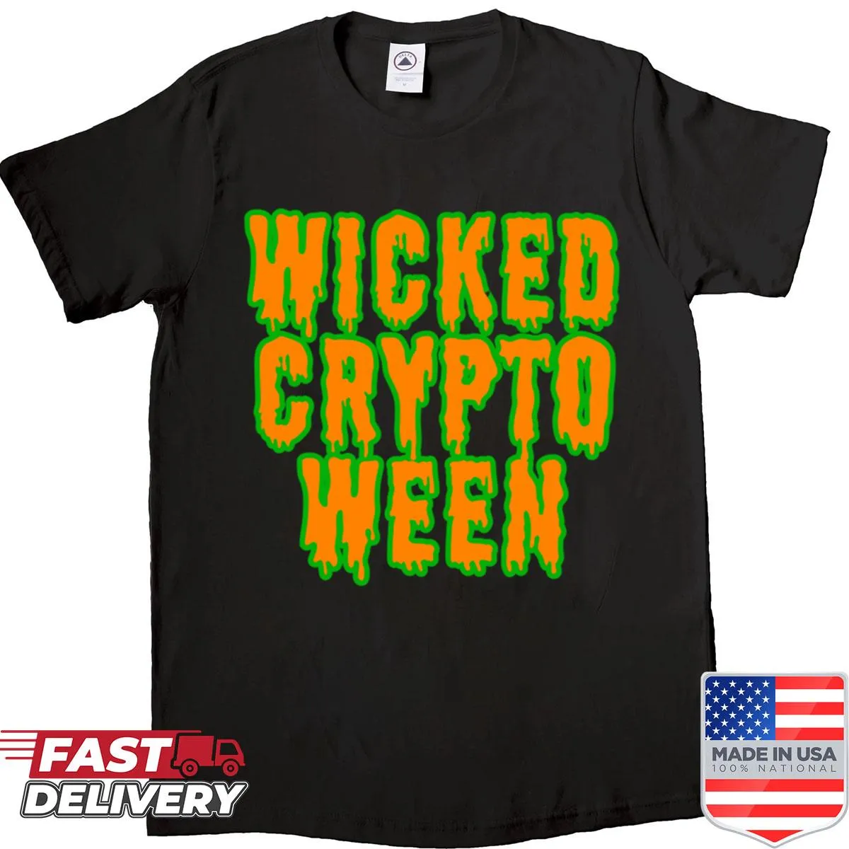 Halloween-themed T-shirt featuring cryptocurrency graphics