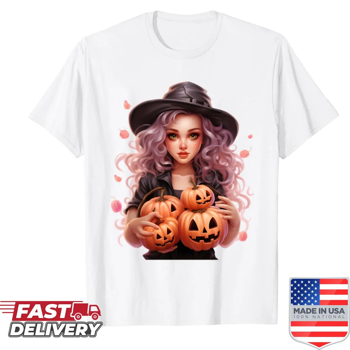 Cute shirt featuring a witch girl surrounded by pumpkins