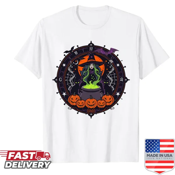 Whimsical T-shirt featuring a witch's cauldron and magical elements