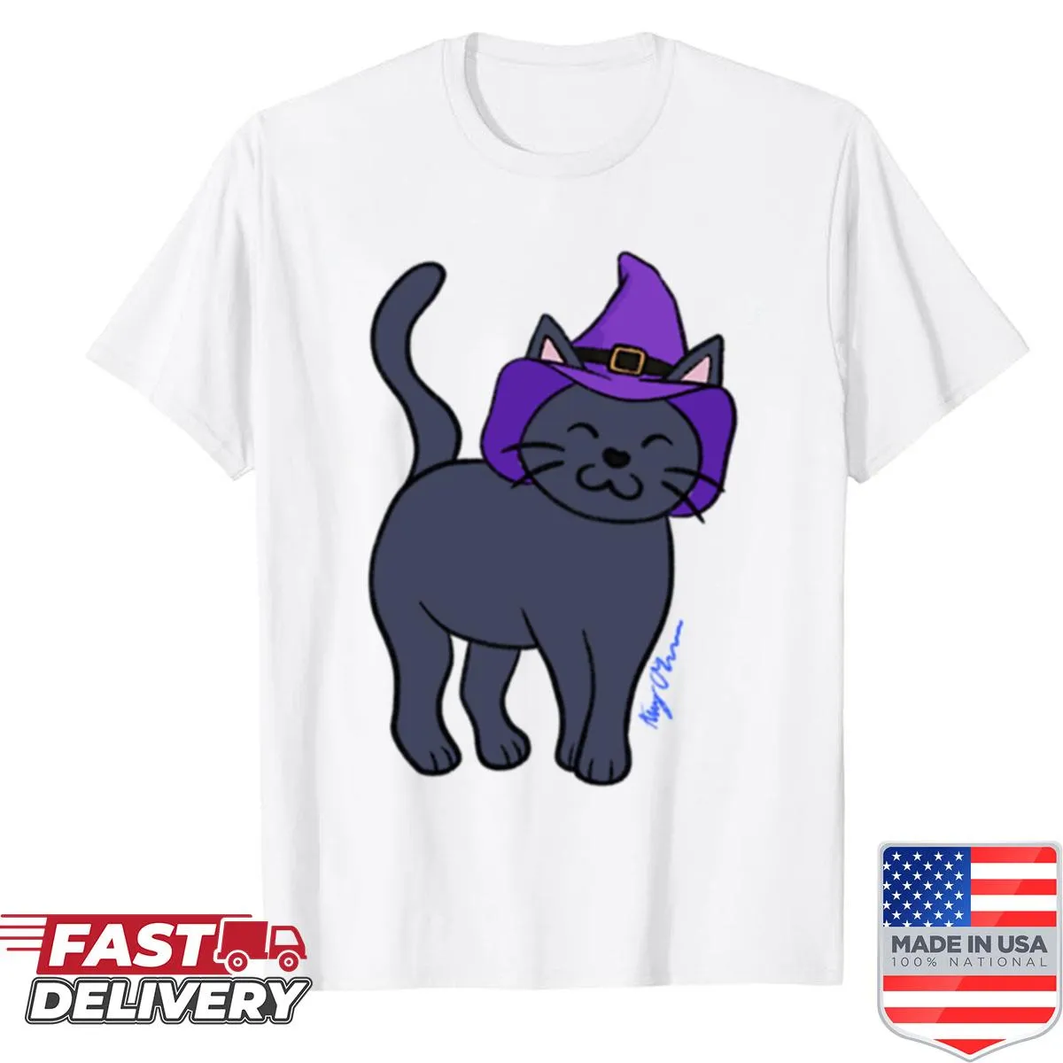 Illustrated cat with witch's hat graphic t-shirt