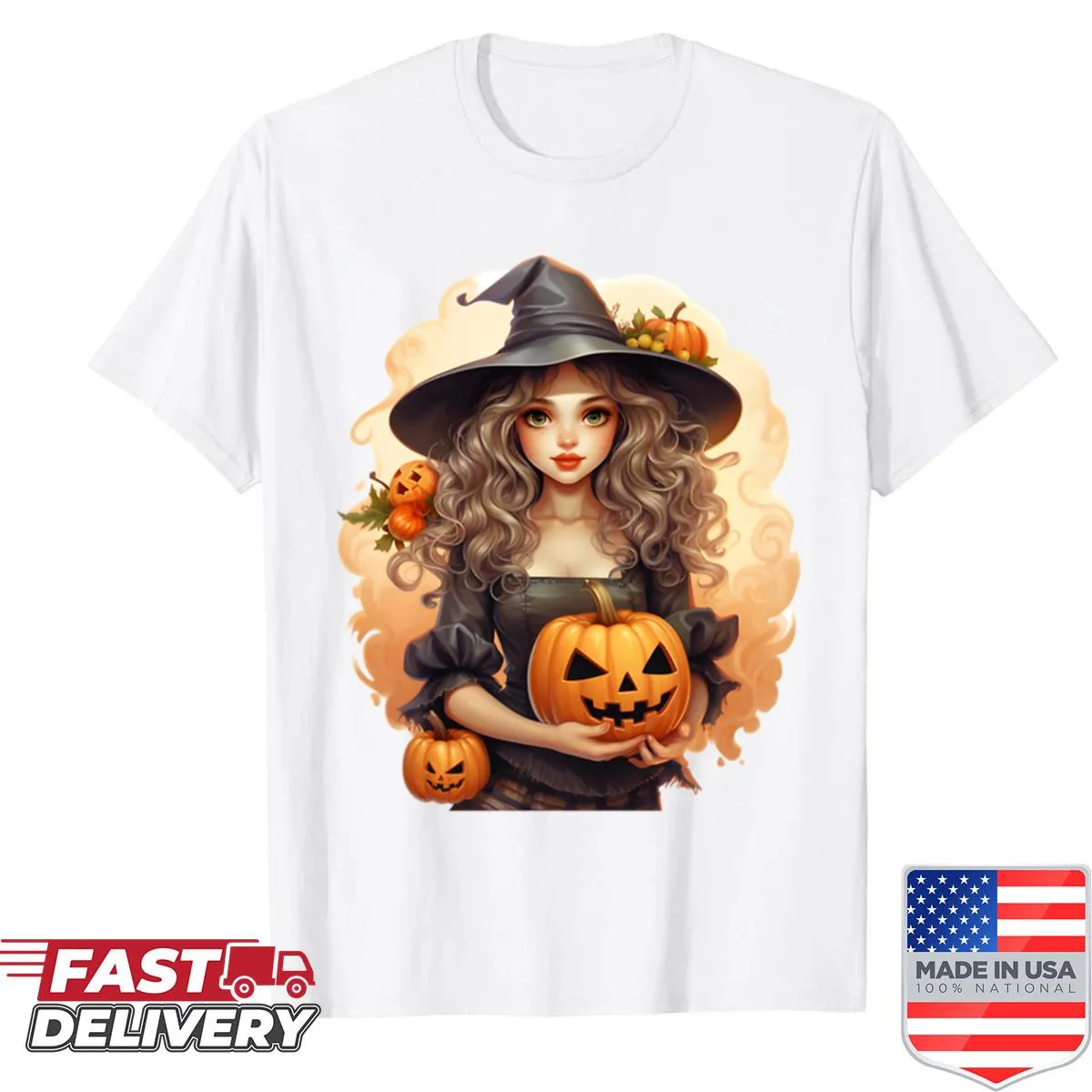 Oversized shirt with a whimsical pumpkin and witch design