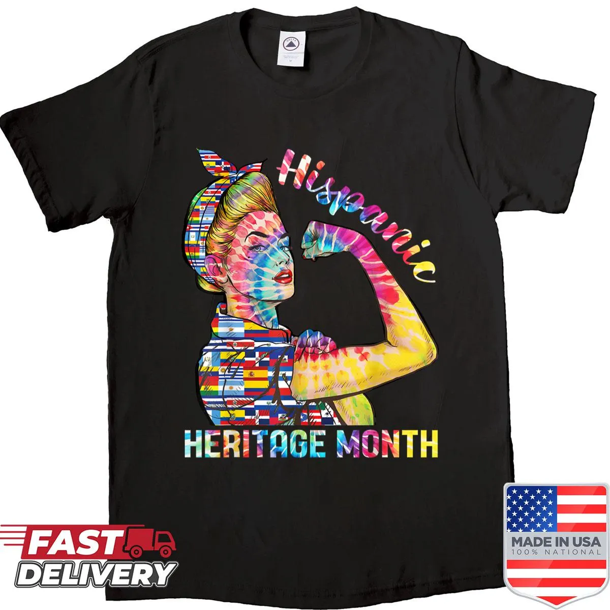 Shirt featuring various flags representing Hispanic Heritage Month