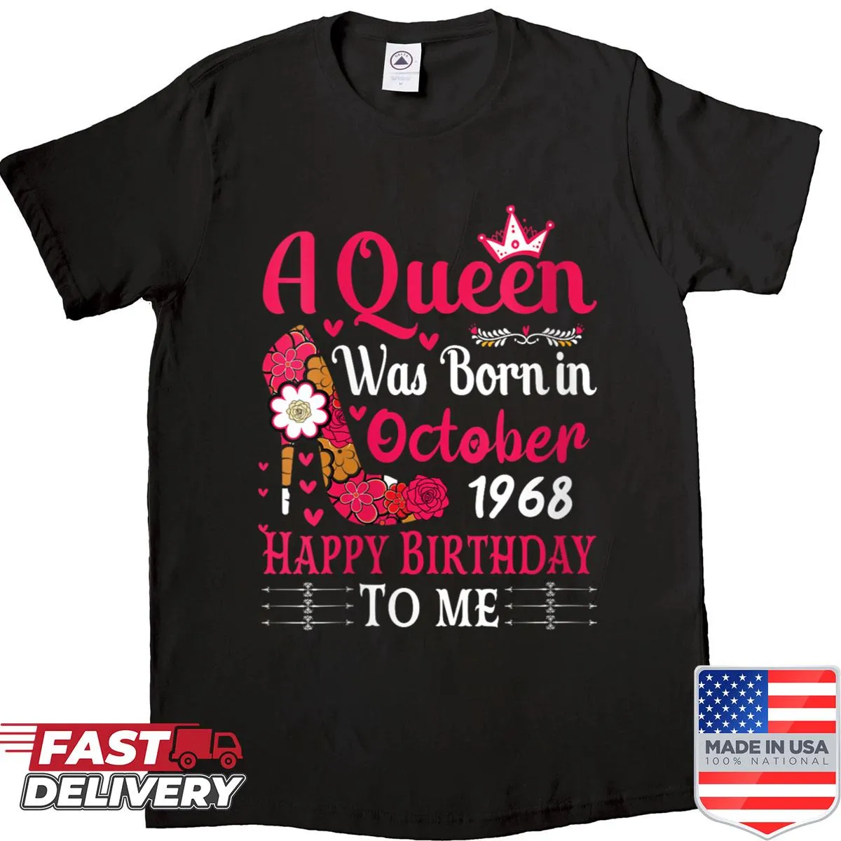 High heel graphic with text celebrating 57th birthday of a queen born in October 1968