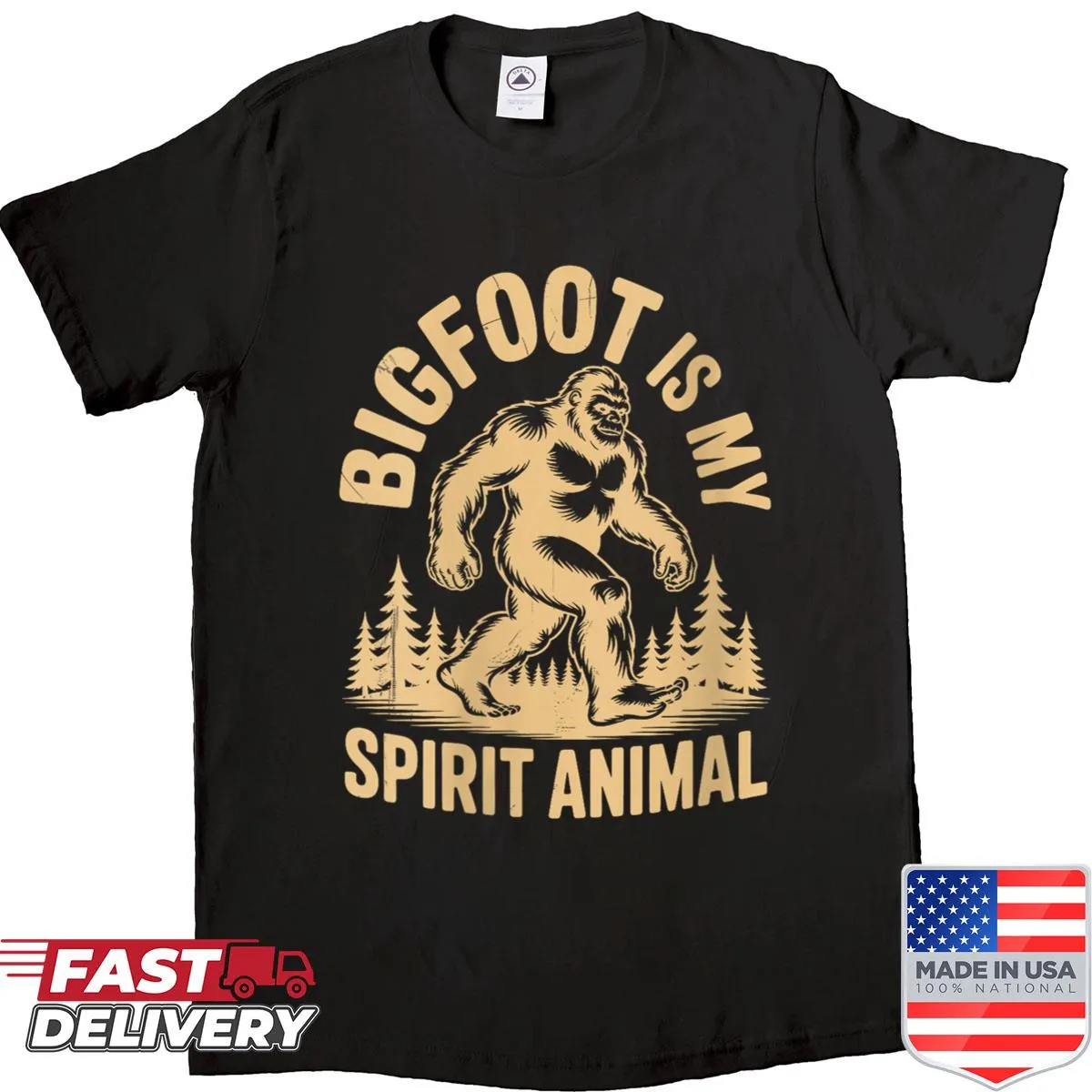 Vintage-style t-shirt with 'Bigfoot Is My Spirit Animal' text