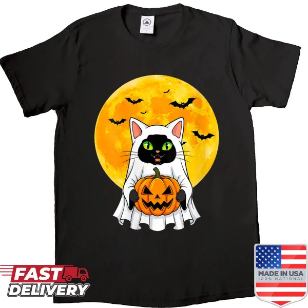 Retro Halloween shirt with a black cat, ghost, and pumpkin design