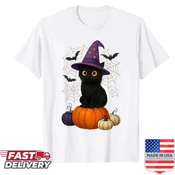 Cute Halloween shirt with black cat and witch hat design