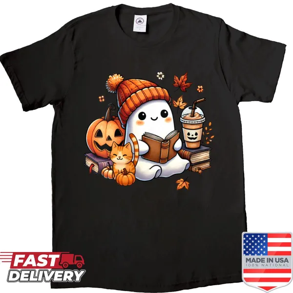 Cute Halloween shirt featuring a ghost, books, and coffee