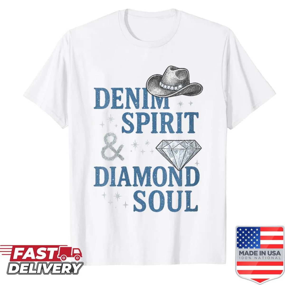 Women's shirt celebrating denim and diamonds with cowgirl theme