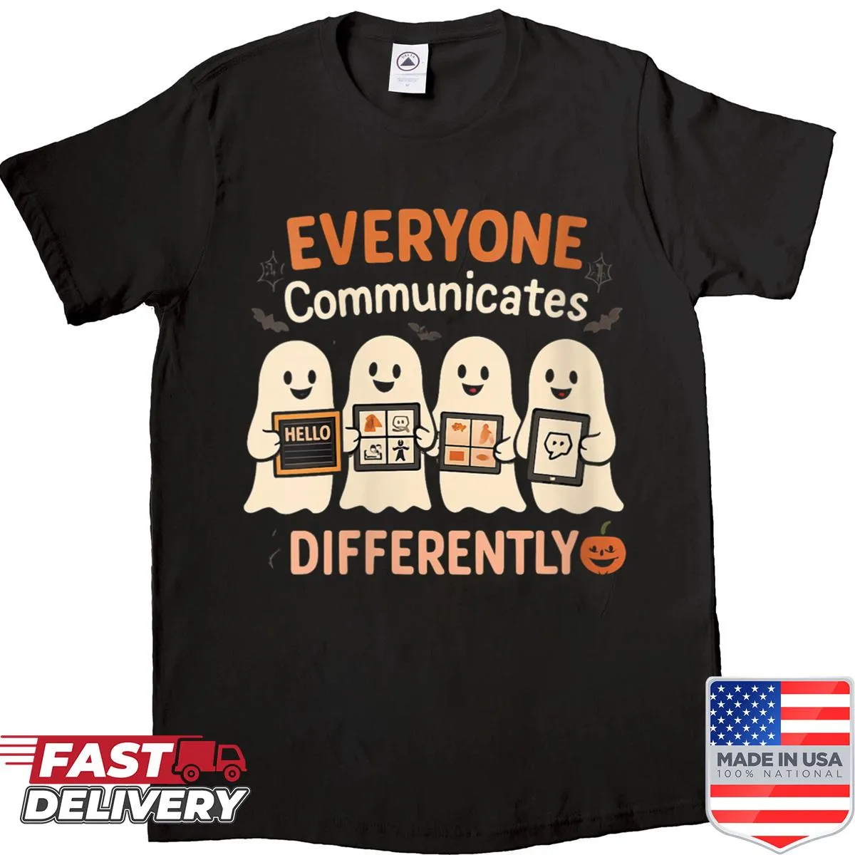 Cute Halloween shirt with friendly ghosts and a communication theme