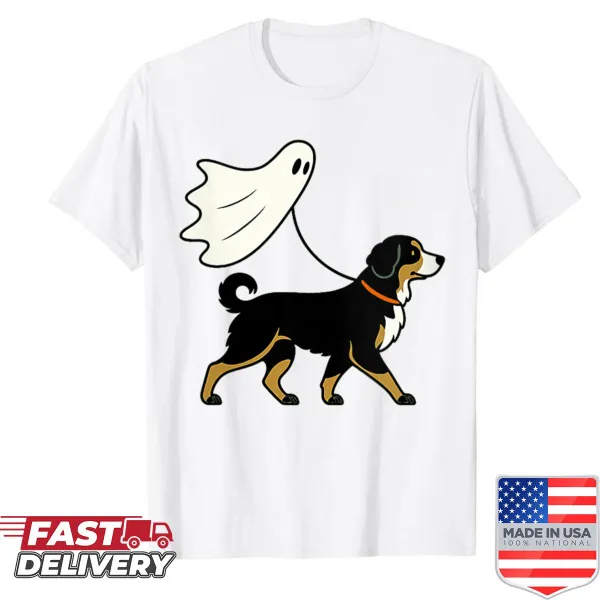 Illustration of a ghost walking a Bernese Water Dog on shirt