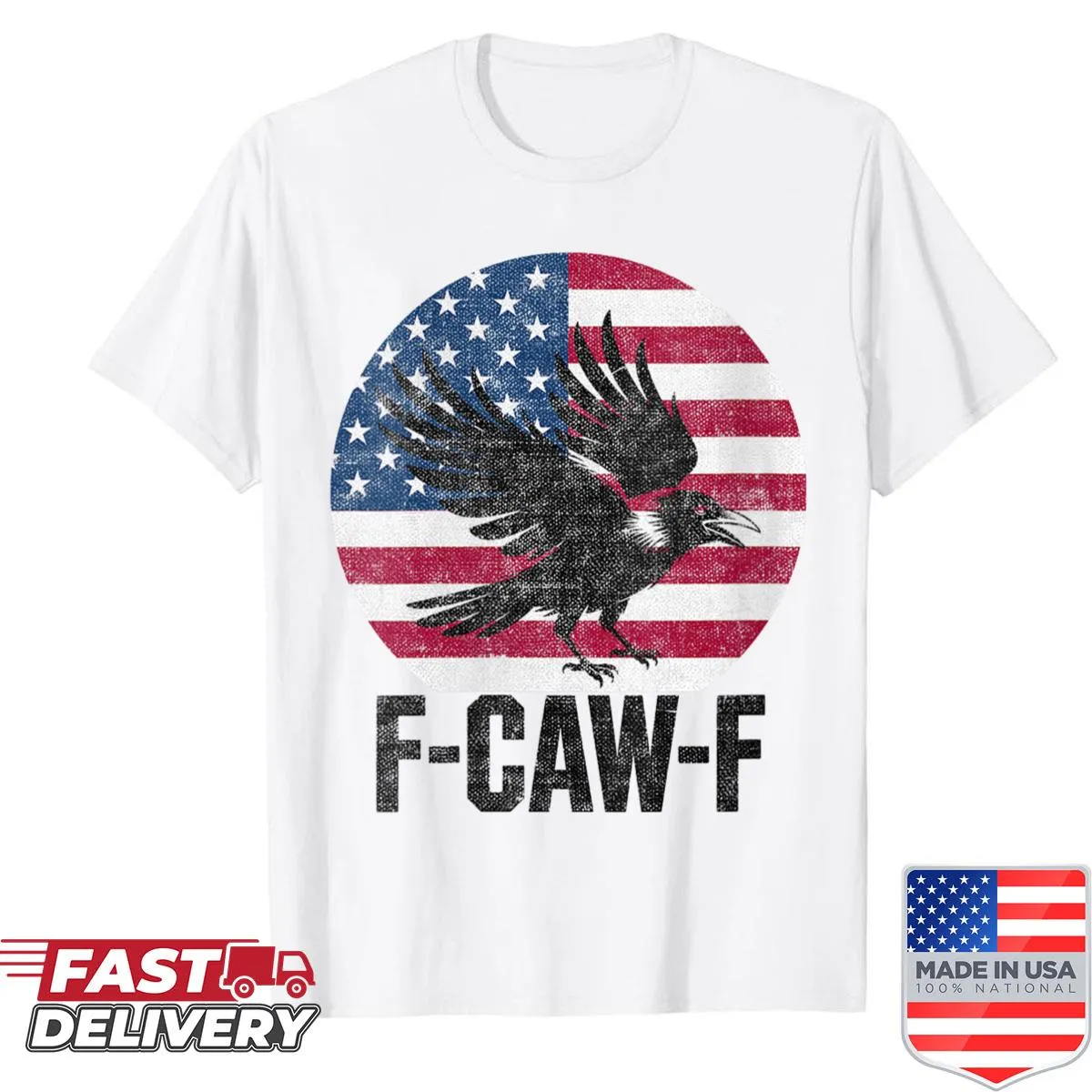Vintage-style shirt with black bird graphic and sarcastic text