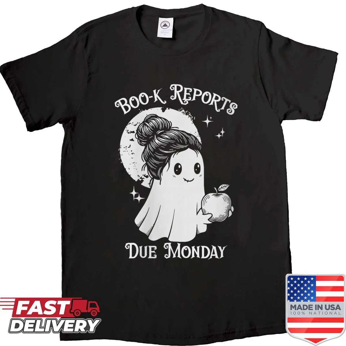 Halloween-themed T-shirt for teachers with a ghost and 'Boo-k Teacher' phrase
