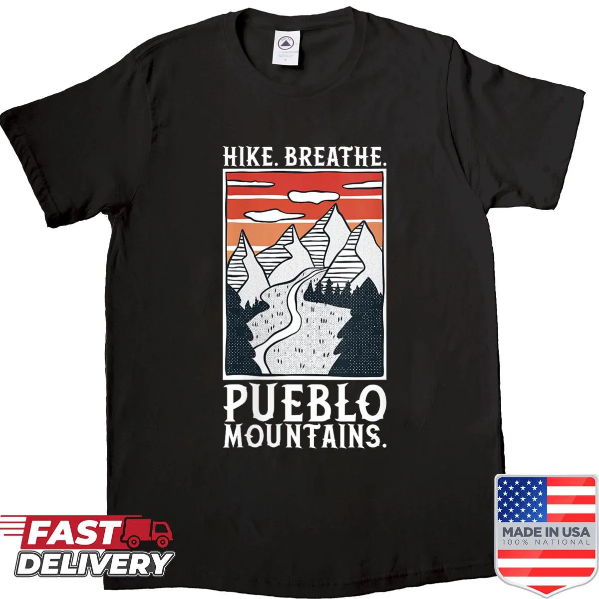 Illustrated Pueblo Mountains graphic T-shirt for women.