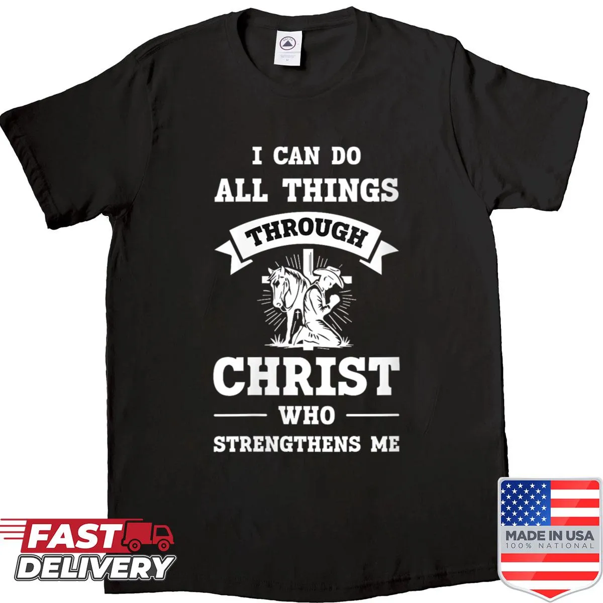 Inspirational Bible verse shirt for women with elegant typography.