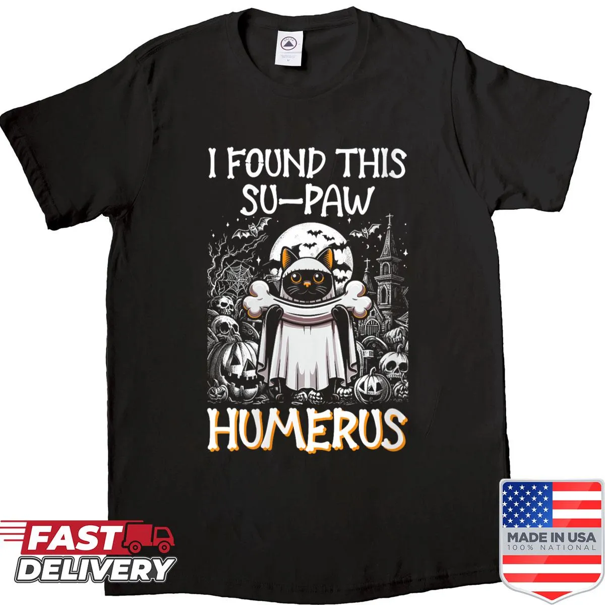 Funny Halloween cat shirt with a pun and cartoon design