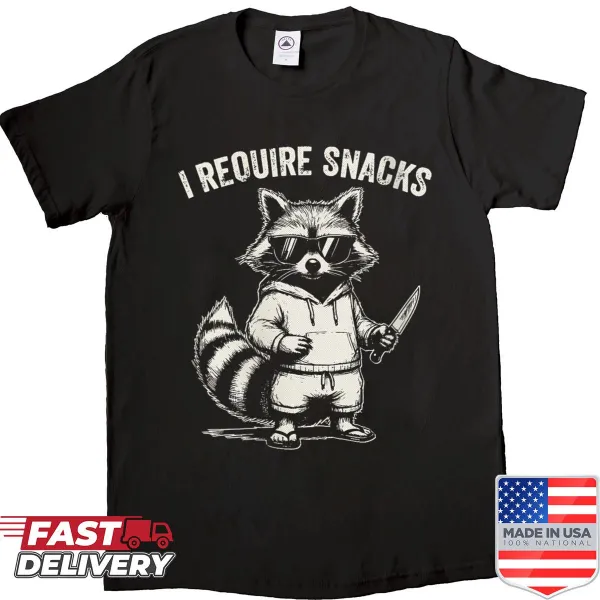 Funny raccoon shirt with the phrase 'I Require Snacks' for snack lovers