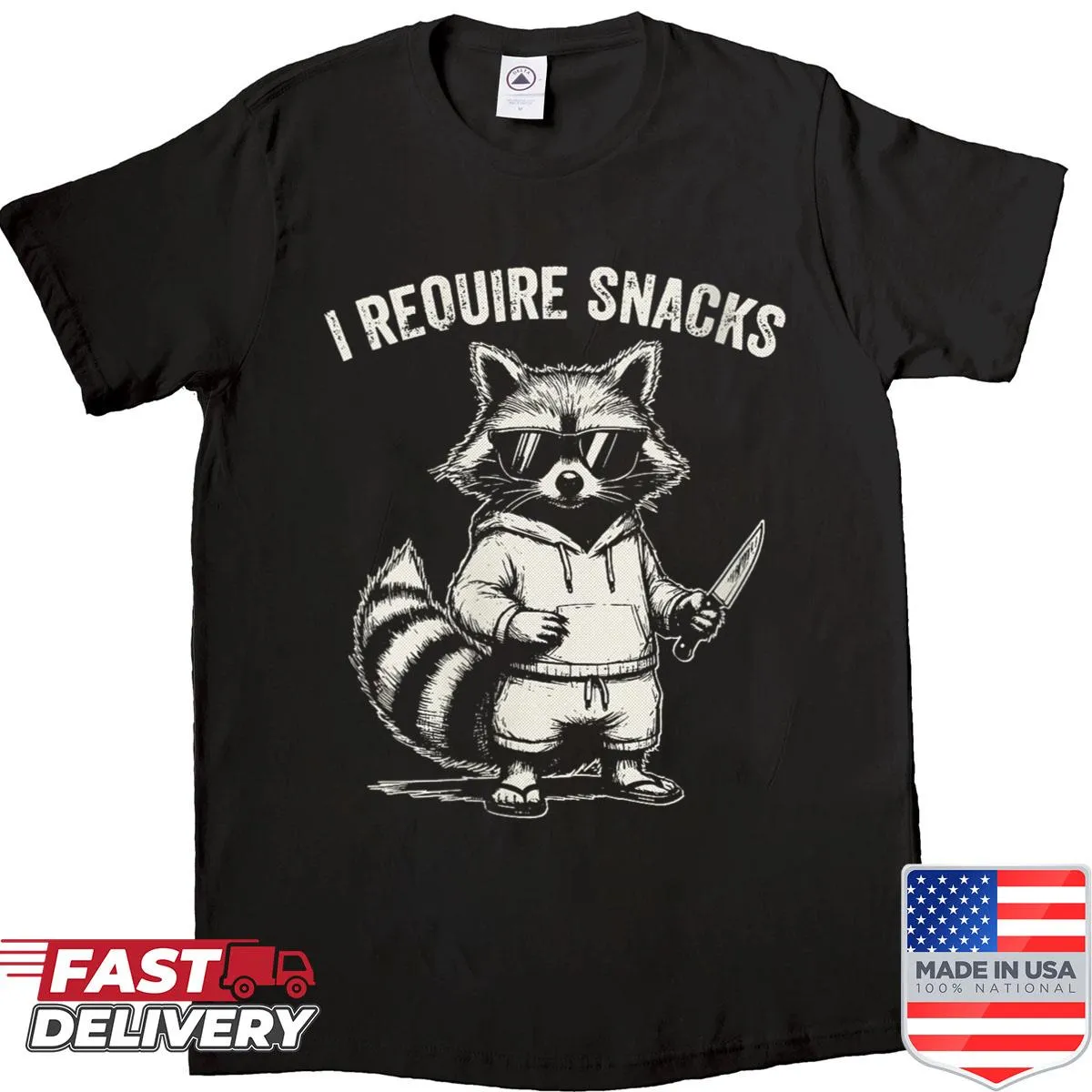 Funny raccoon shirt with the phrase 'I Require Snacks' for snack lovers