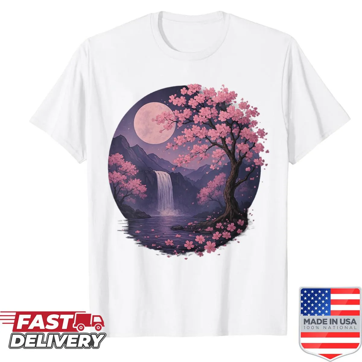 Illustrative shirt featuring a geisha among cherry blossoms in a serene garden