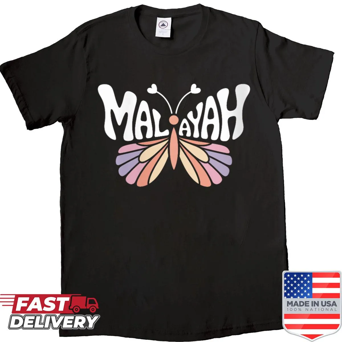 Personalized butterfly shirt with hand-lettered name Malayah