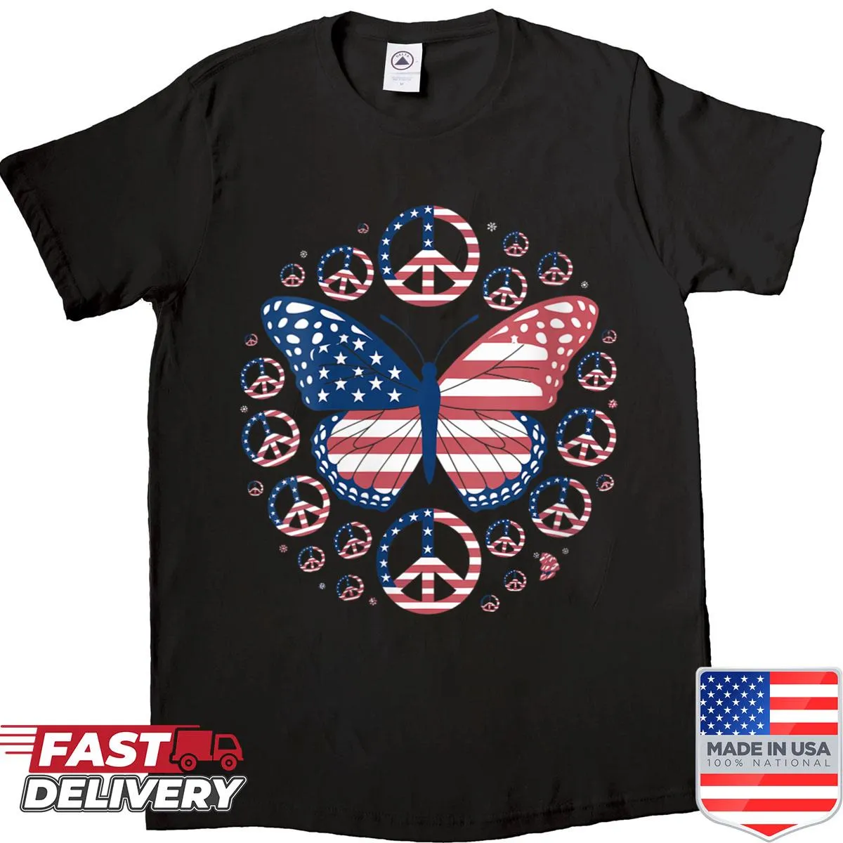 Butterfly and peace symbol graphic for patriotic women