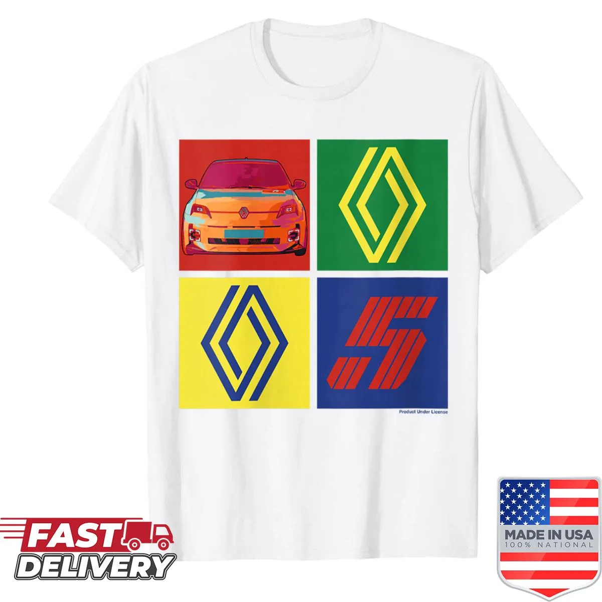 Pop-art shirt featuring the Renault 5 electric car and diamond logo