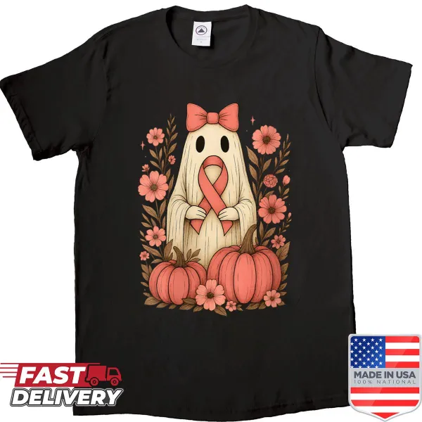 Vintage Halloween shirt with ghost and floral bow for breast cancer awareness